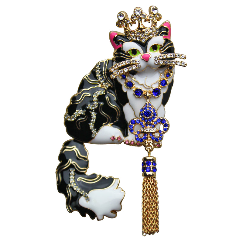 Princess Kitty Black Tuxedo Cat Pin Pendant (Goldtone)
