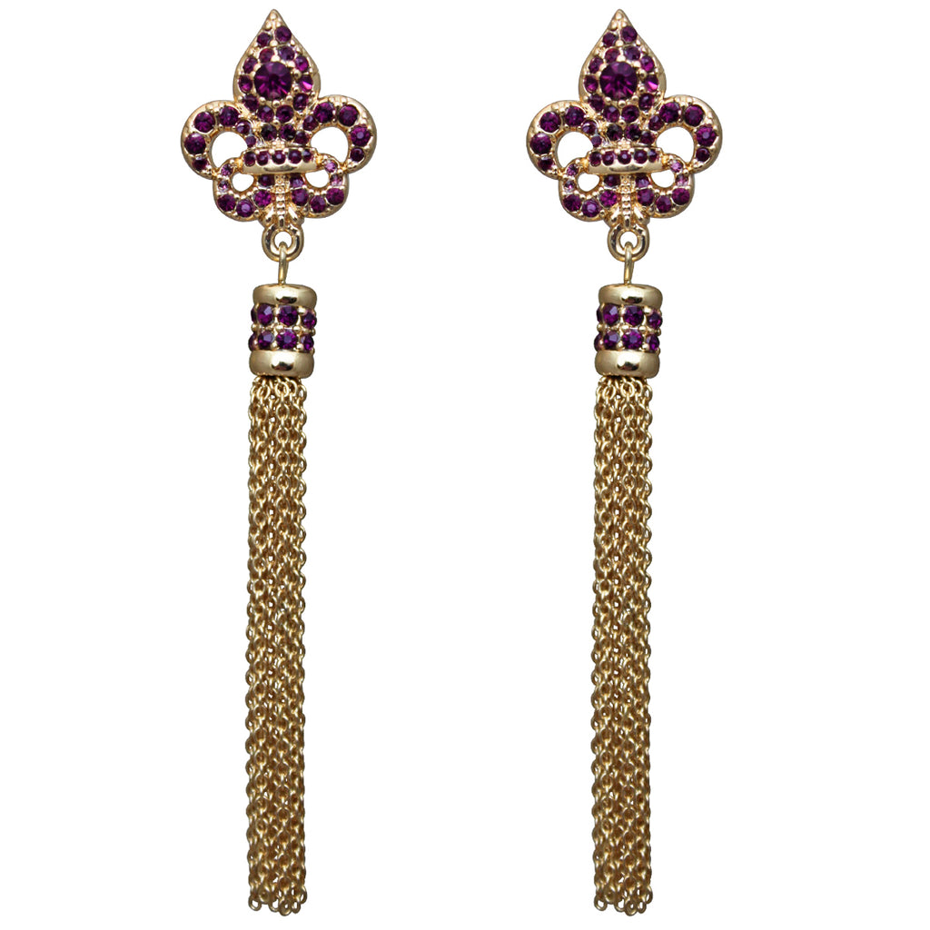 Royal Pave Fleur de Lis Amethyst Tassel Jewelry Earrings