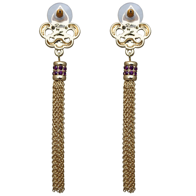 Royal Pave Fleur de Lis Amethyst Tassel Jewelry Earrings - Back Side
