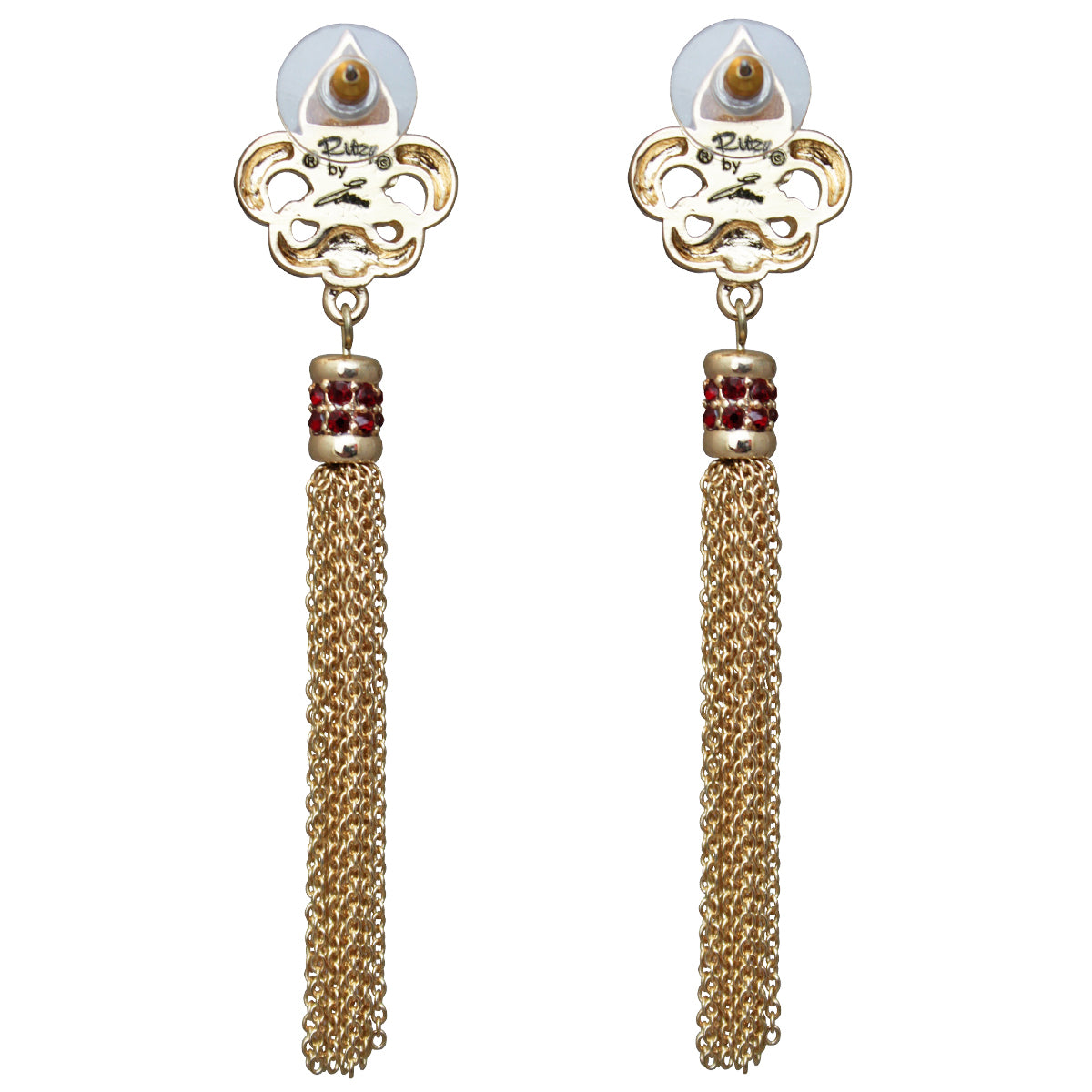Royal Pave Fleur de Lis Siam Ruby Tassel Earrings - Jewelry Earrings