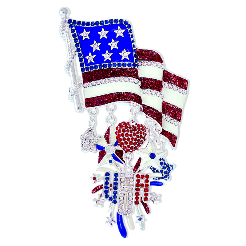 Exquisite July 4th American USA Flag Patriotic Pin Ritzy Couture DeLuxe - Fine Silver Plated