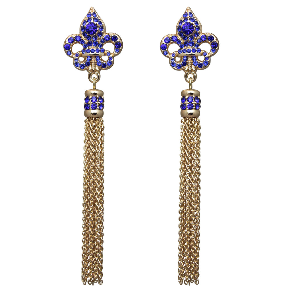 Royal Pave Fleur-de-Lis Capri Blue Tassel Earrings
