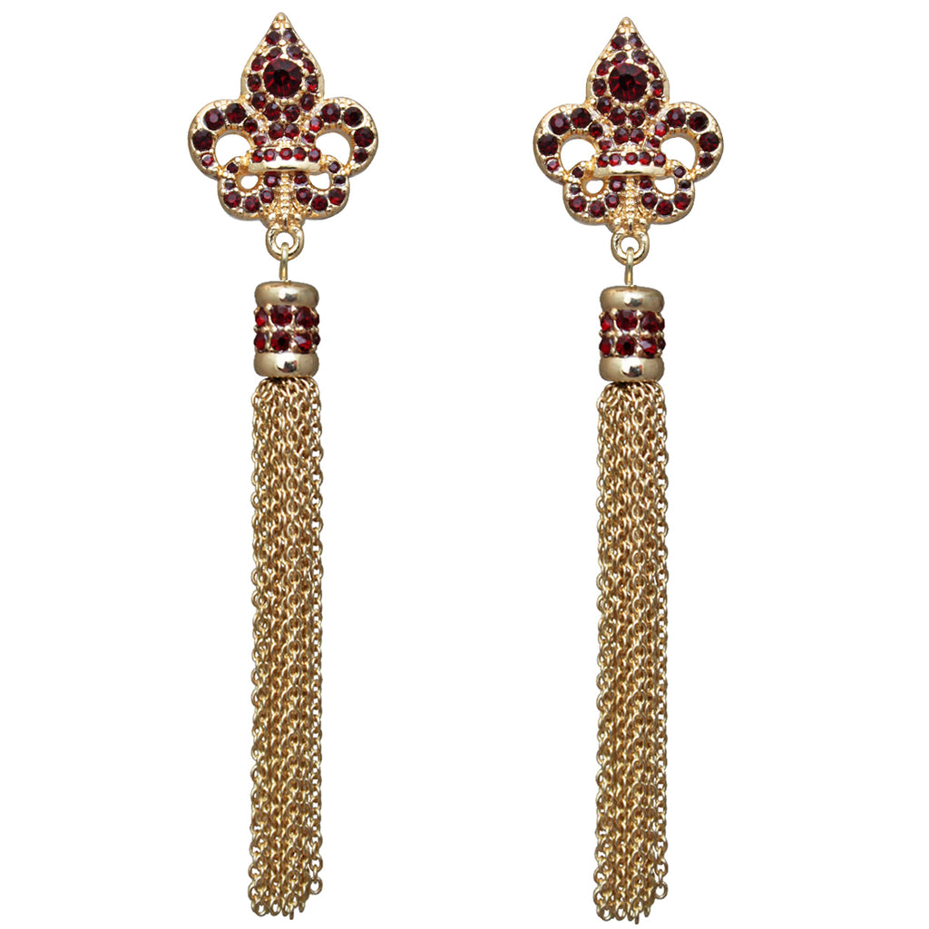 Royal Pave Fleur de Lis Siam Ruby Tassel Earrings