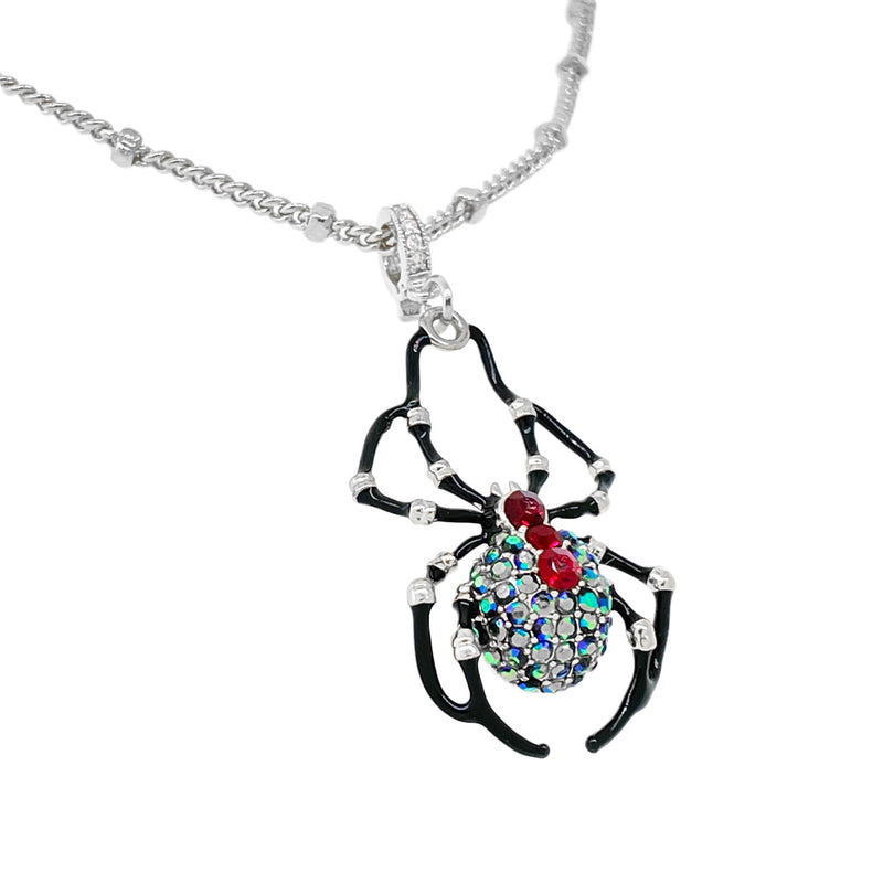 Ritzy Couture Spider Black AB Crystal Halloween Pendant Necklace - Silvertone