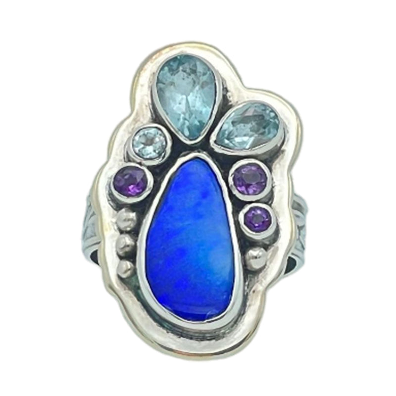 Tabra Jewelry 925 Sterling Silver Australian Boulder Opal & Sky Blue Topaz Ring Size 8 00K521