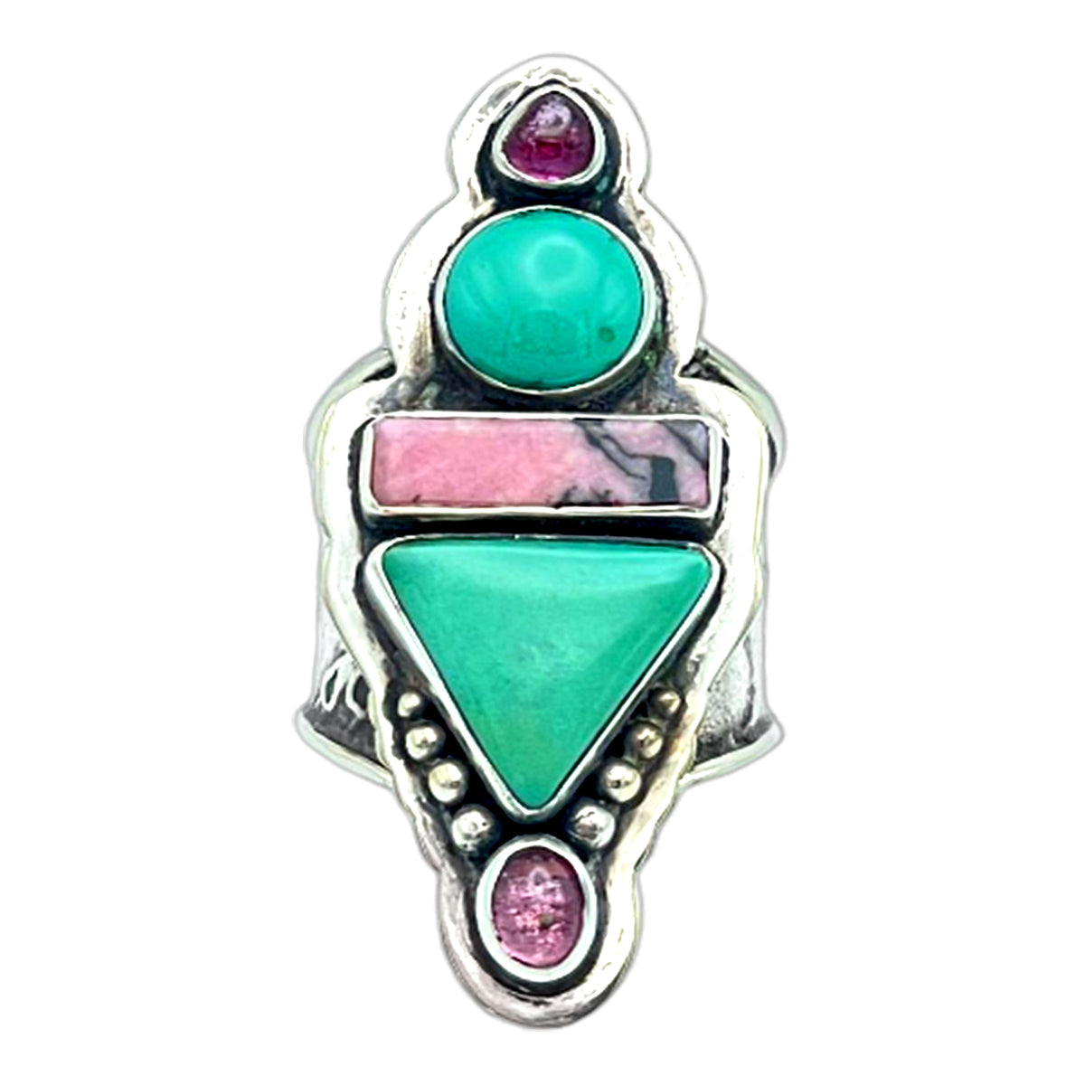 Tabra Jewelry 925 Silver Turquoise Pink Rhodonite Pink Turmaline Ring Sz 5 OOK515