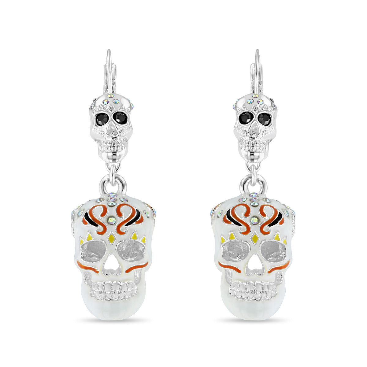 Sparkling Sugar Skull Leverback Earrings-Ritzy Couture DeLuxe-Fine Silver Plated