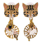 Lunch At The Ritz Gray Tabby Cute Cat and Mouse Dangle Post Earrings (Goldtone)