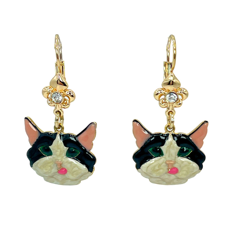 Lunch At The Ritz Black And White Tuxedo Cat Dangle Leverback Earrings (Goldtone)