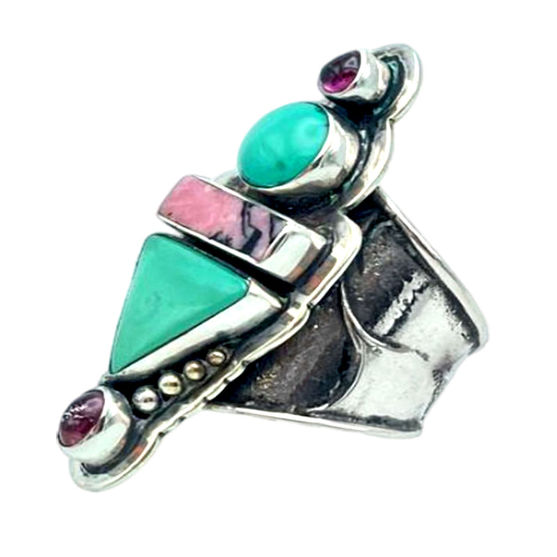 Tabra Jewelry 925 Silver Turquoise Pink Rhodonite Pink Turmaline Ring Sz 5 OOK515