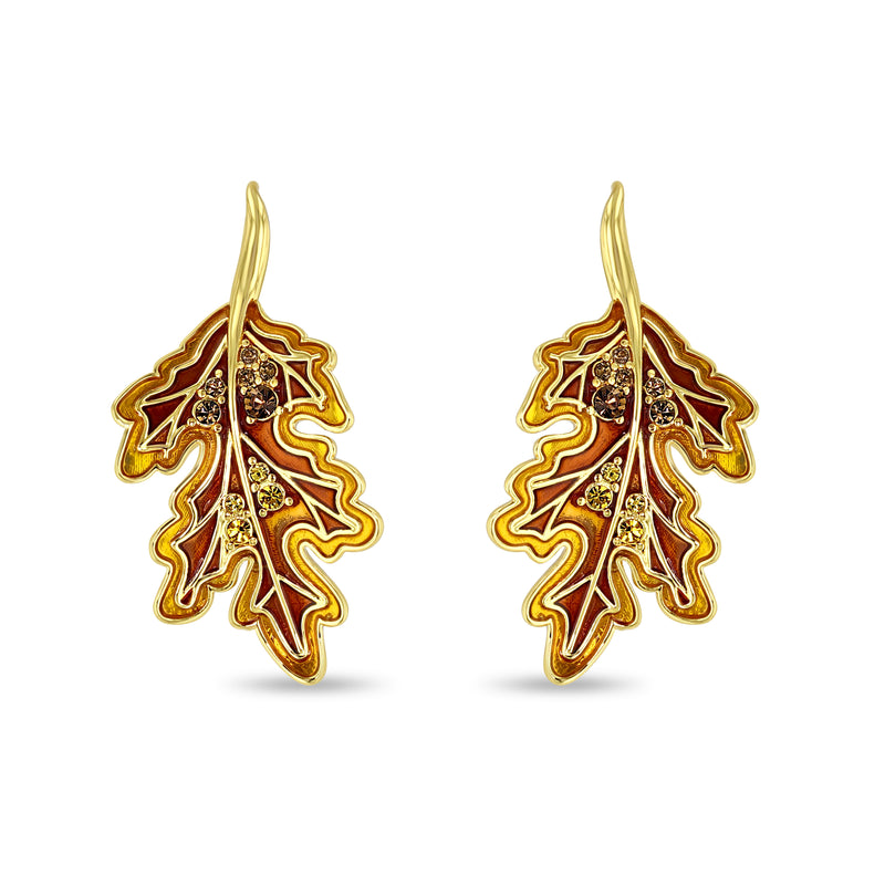 Autumn Oak Leaf Fall Enamel Hook Earrings - 18k Gold Plated Brass