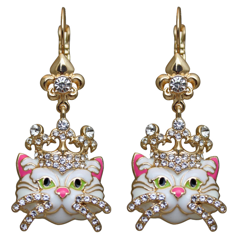 Ritzy Couture Princess Kitty Drop Leverback Cat Earrings for Women (Goldtone) - Goldtone / White