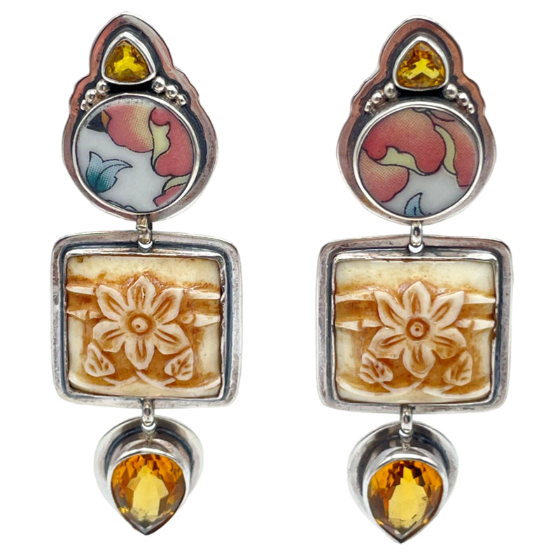 Tabra Jewelry 925 Sterling Silver Hand Carved Flowers Chinese Pottery Shards Citrine Post Earrings 00K536A