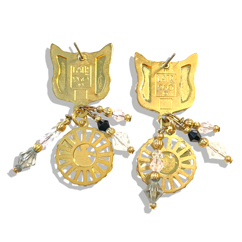 Lunch At The Ritz Gray Tabby Cute Cat and Mouse Dangle Post Earrings (Goldtone)