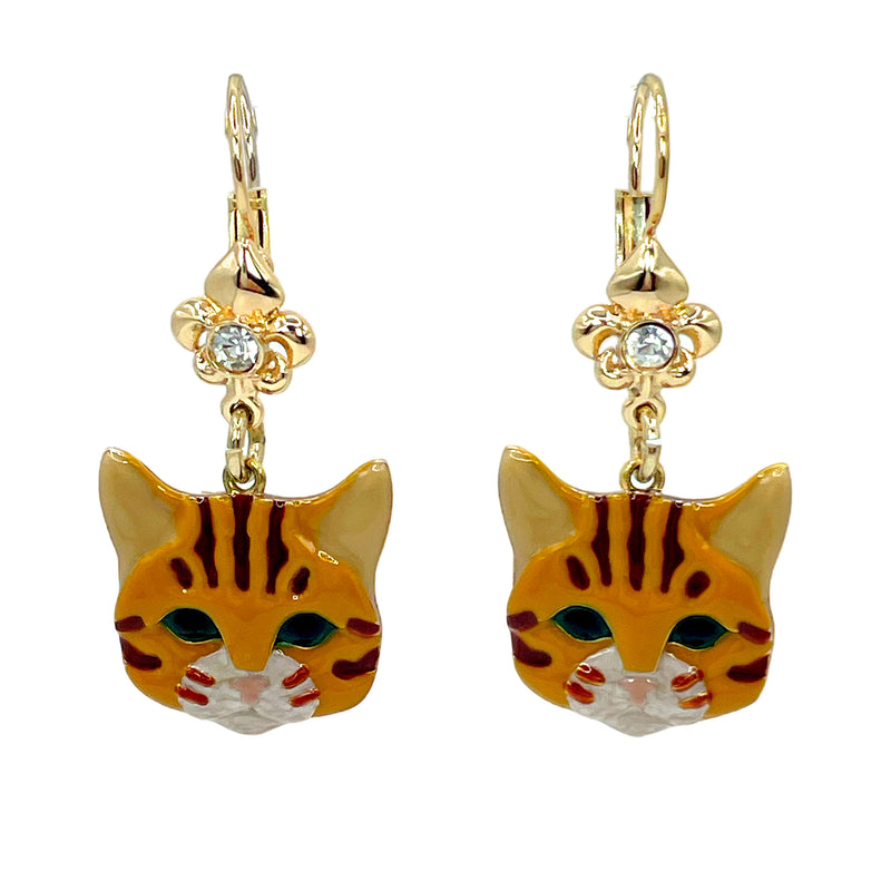 Lunch At The Ritz Orange Tabby Cute Cat Dangle Leverback Earrings (Goldtone)