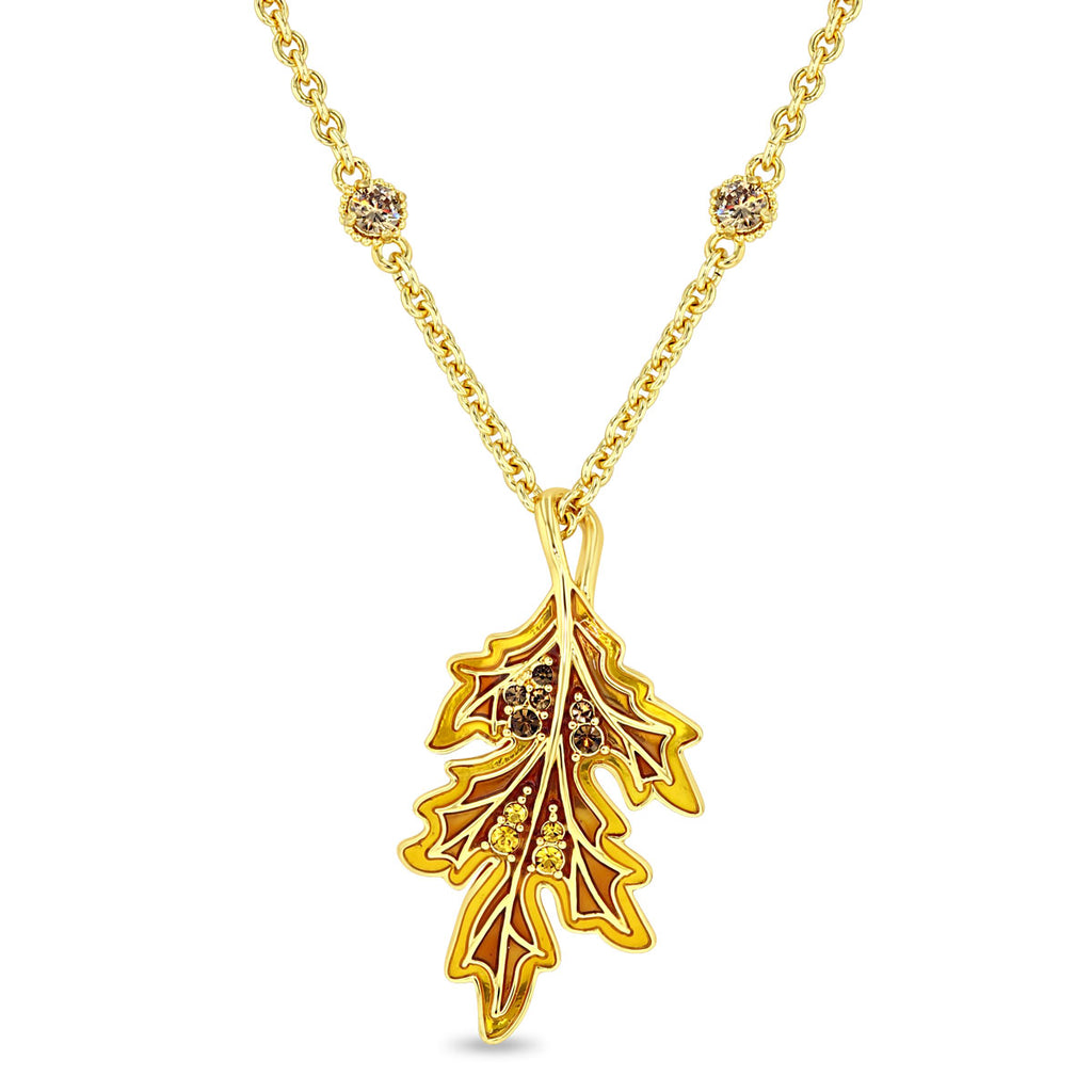 Autumn Oak Leaf Fall Enamel 18" Necklace 18k Gold Plated Brass