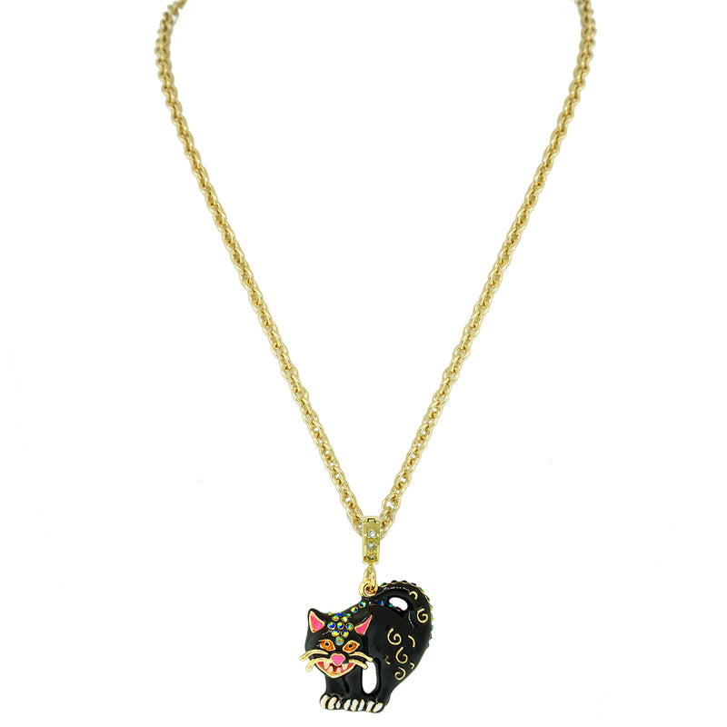 Ritzy Couture Halloween Scared Kitty Black Cat Enhancer Charm Necklace Goldtone